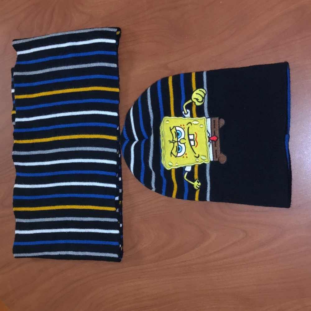 SpongeBob SquarePants Beanie Hat & Scarf Set Striped Blue Yellow Gray Black